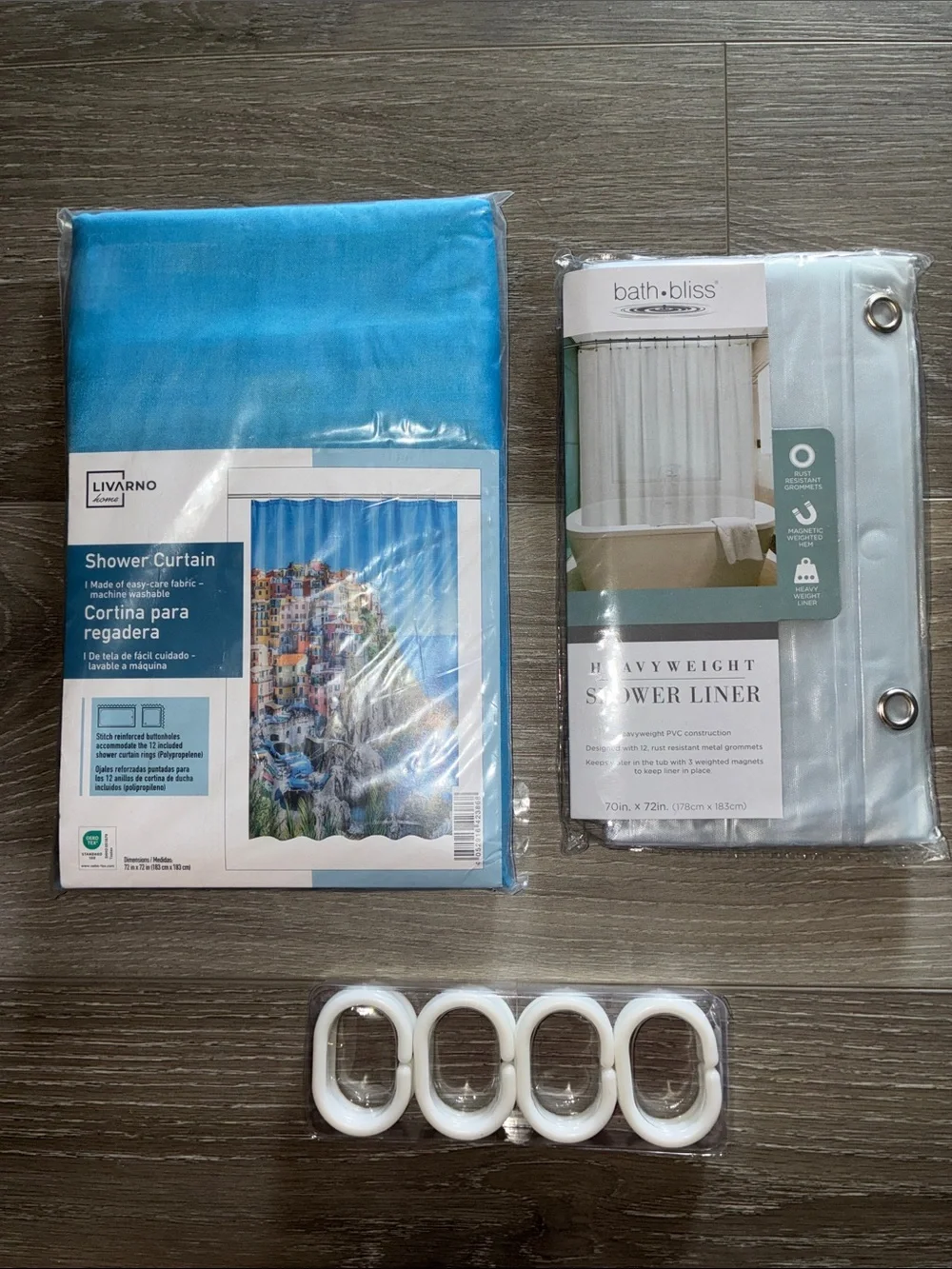 Livarno Home Blue Shower Curtain + Bath Bliss Heavyweight Liner Set
